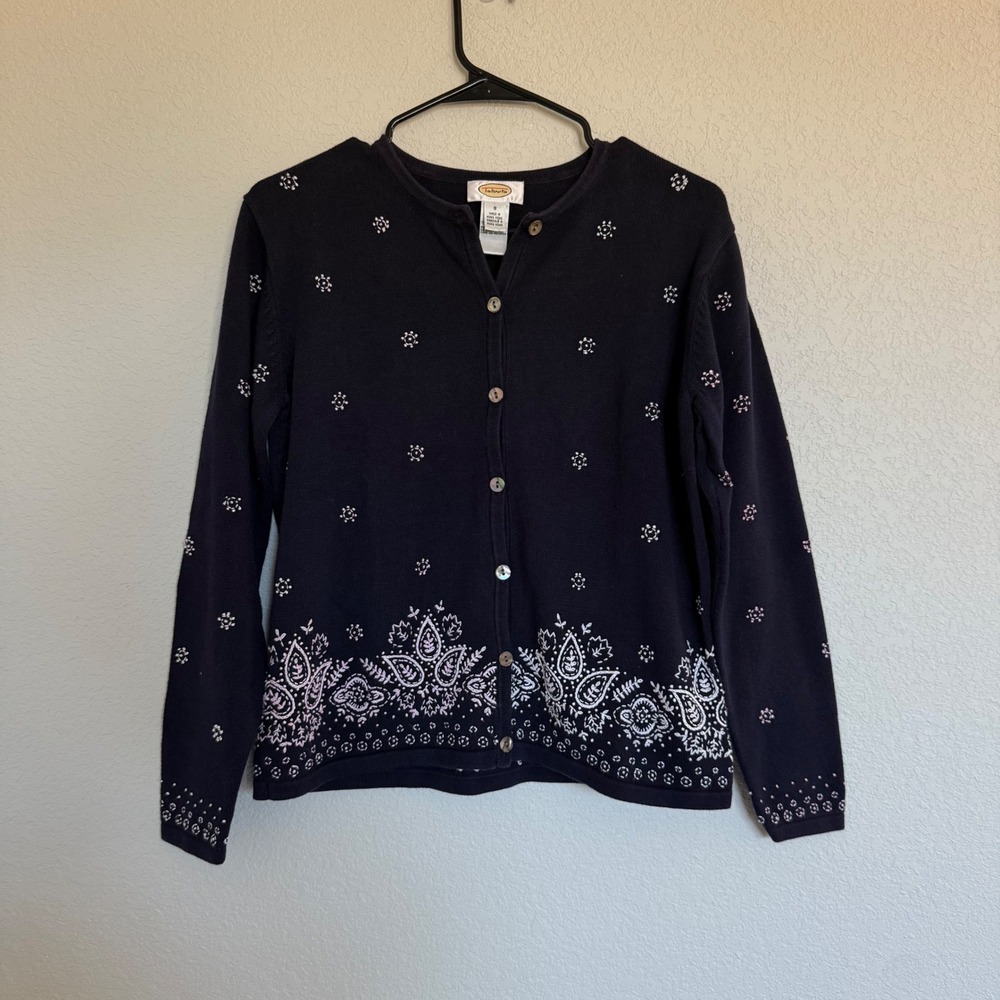 Talbots Vintage Womens Navy Blue Knit Embroidered Paisley Cardigan Sweater  90s